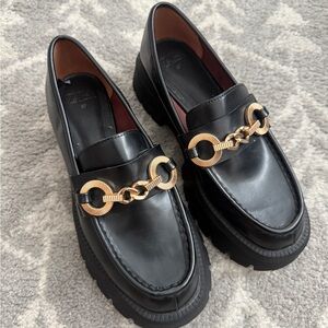 Zara  Black Loafers with Gold Chain Detail